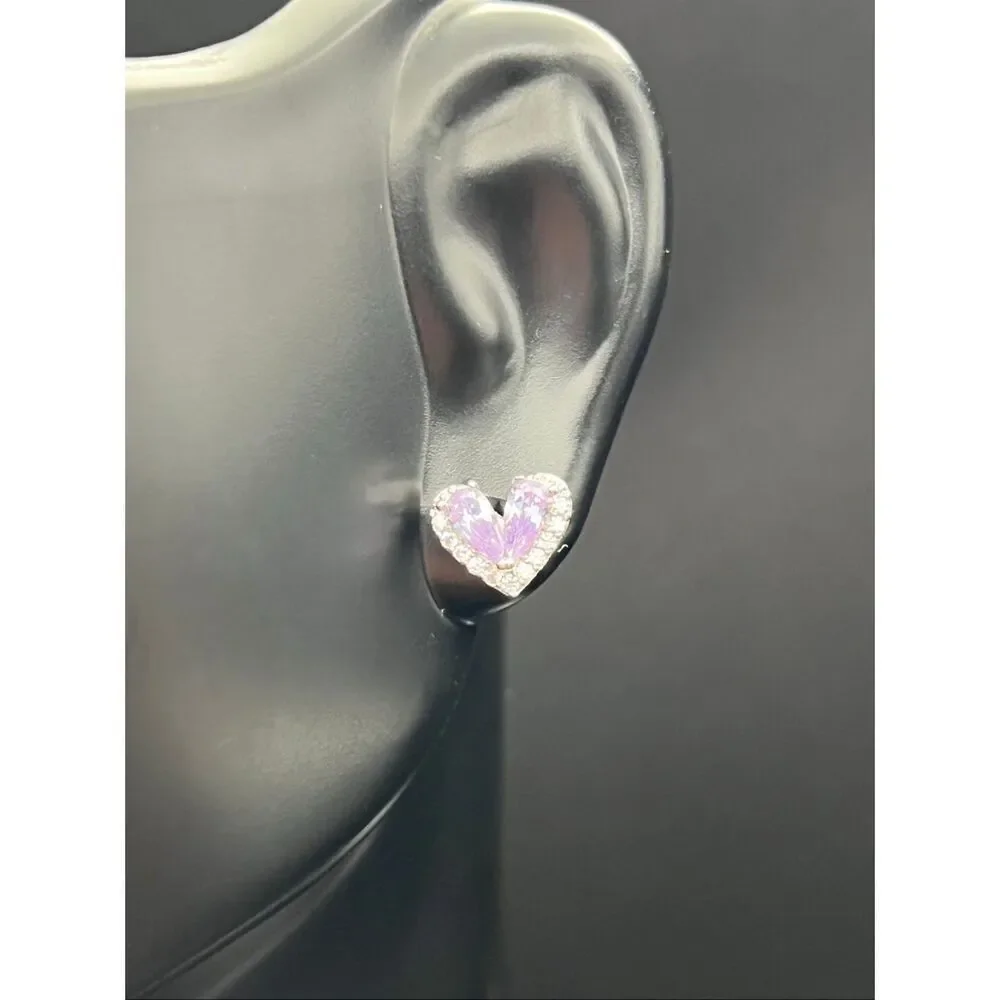 NIB! Helirose Lavender Purple Silver Tone Heart Shaped Stud Earring Gift Box